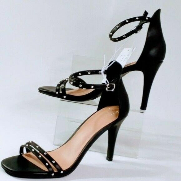 4" Enya Studded Barely There Heels Stiletto Pump Prom Black Peep Toes Size 7.5 - Picture 1 of 6